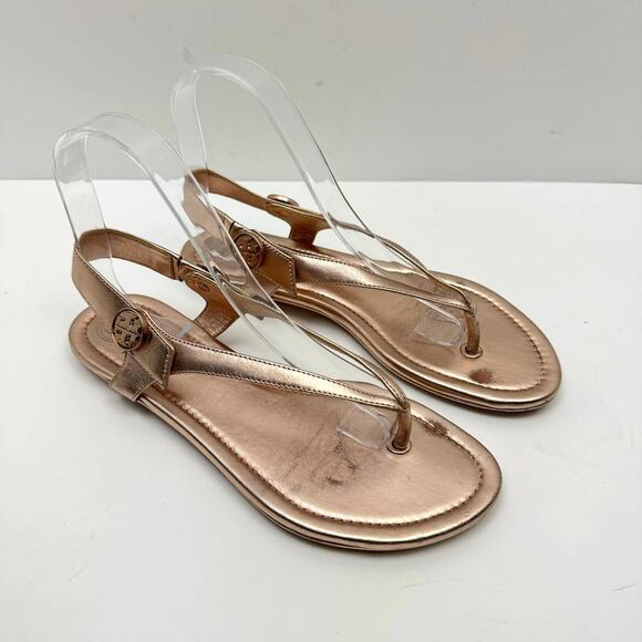 Tory Burch | Minnie Metallic Rose Gold Flat Slingback Flip Flop Travel Sandals - Picture 7 of 13